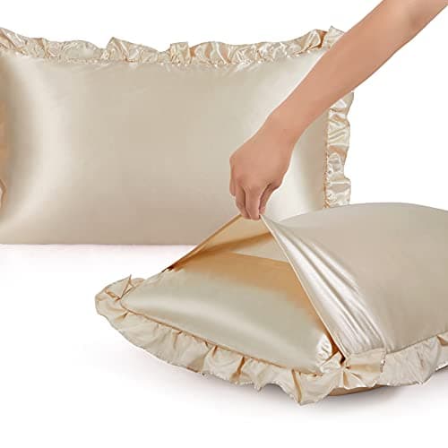 SiinvdaBZX Ruffled Queen Satin Pillowcase Set of 2, Beige Silky Satin Pillow Cases for Women Ruffle Pillow Shams Covers Princess Room Decoration, with Envelope Closure 5