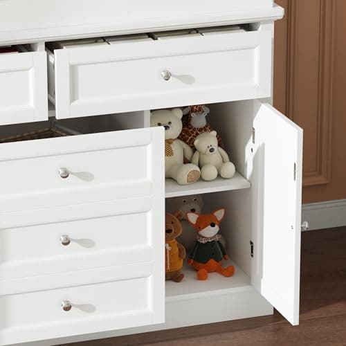 ROMSHINE Nursery Dresser with Changing Table Top, 46" W Baby Dresser with 2 Drawers, Laundry Basket & Raised Guard, Infant Diaper Changing Storage Organize Station for Nursery and Baby Bedroom, White 5