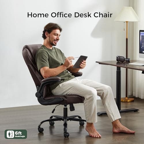 amseatec Office Chair, Executive PU Leather Chair, Ergonomic Computer Desk Chair with Lumbar Support and Adjustable Flip-Up Arms, Rocking Task Chair (Brow 7