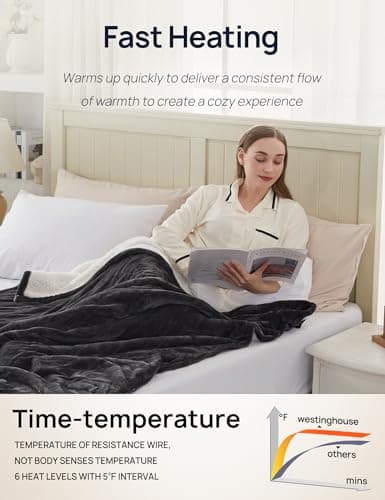 Westinghouse Electric Throw Blanket with Foot Pocket for Adults, Soft Flannel to Sherpa Heated Throw with 6 Heating Levels & 2-10 Hours Time Settings, Fast Heating & Machine Washable, 50x62, Charcoal 5