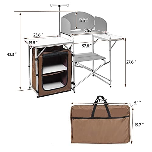 CampLand Folding Camping Kitchen Table with Windscreen,Portable Outdoor Cooking Station with Storage Cabinet & Side Tables Heavy Duty Camp Cook Station for Camping & BBQ（White） 3
