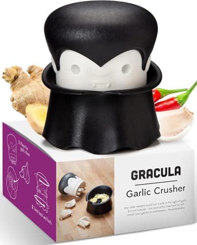 OTOTO Gracula Garlic Crusher, Garlic Mincer, Also for Ginger, Nuts, Chili, Herbs - Twist Top Mincer & Easy Squeeze Manual Press Peeler, Goth Gifts