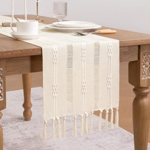 Socomi Farmhouse Table Runner 60 inches Macrame Woven Coffee Table Runner Cotton Rustic Fall ThanksgivingTable Runner with Tassels for Boho Home Decor Dining Living Room 13x60 inches Beige