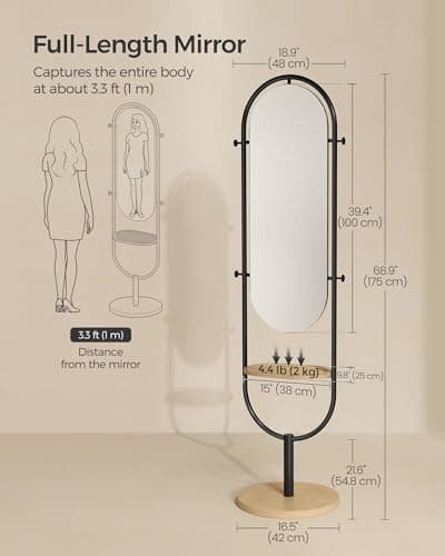 SONGMICS Full-Length Floor Mirror, 3-in-1, Modern Standing Full Body Mirror, Inspired by Original Award-Winning Design, 16.5 x 18.9 x 68.9 Inches, Living Room, Bedroom, Oak Beige and Ink Black 6