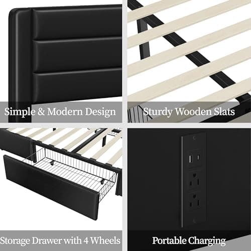 Yaheetech Queen Size Bed Frame Platform with 2 USB Charging Station/Port for Type A&Type C/3 Storage Drawers, Leather Upholstered with Headboard/Solid Wood Slat Support/No Box Spring Needed/Black 9