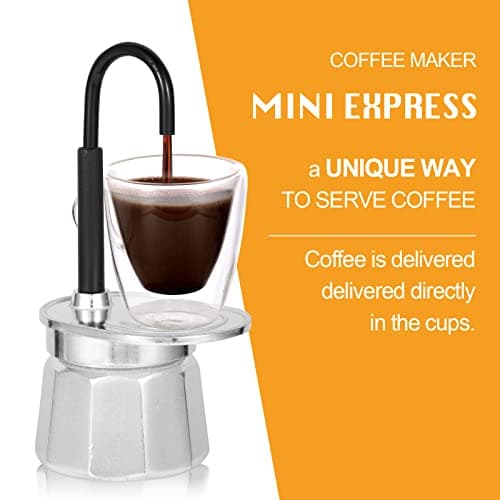MVPLUE-Mini Express Swiss Single Tube Moka Pot Aluminum Silver，Moka Set includes One Double Wall 3oz Cup,Enjoy delicious coffee in no time 3