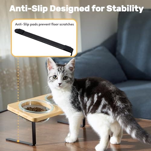 Lawfery Elevated Cat Bowls, 15° Tilted Cat Food Bowl, Includes 2 Glass Bowls, Bamboo Board, and Metal Stand for Cats and Puppies 7