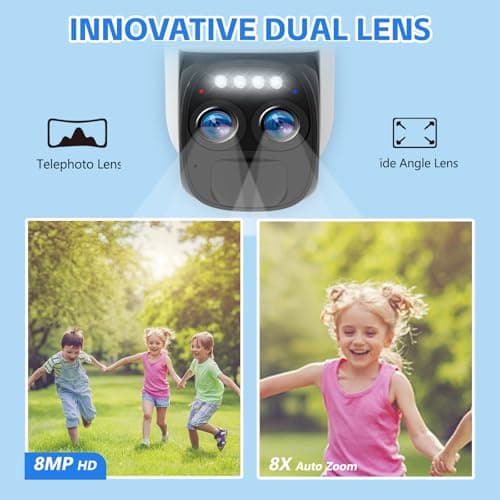 [ 8X Zoom ] 4K 5Dbi Security Cameras Wireless Outdoor, Battery Powered Solar Security Camera Outdoor 360° PTZ WiFi Camera with Spotlight Siren, Motion Detection,Color Night Vision,2.4/5GHz,2-Way Audio 2