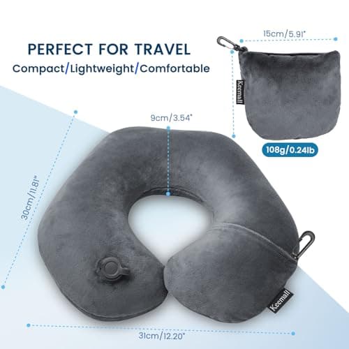 Keemall Inflatable Travel Neck Pillow, Super Soft Plane Neck Support Pillow for Travel Ariplane Sleep Support, Adjustable Neck Cushion Headrest Pillow, Folds Up Nicely, Black Grey 8