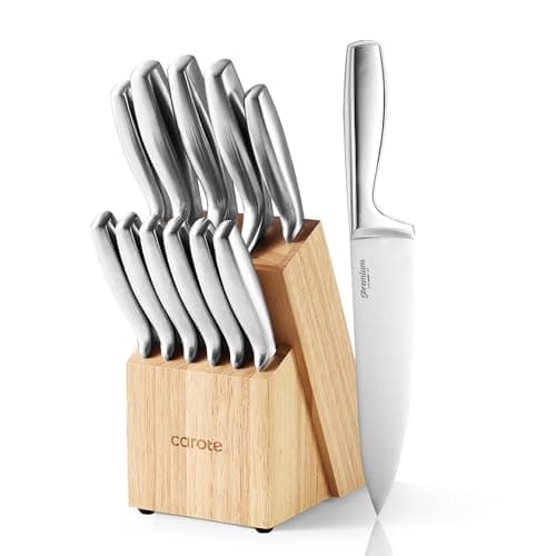CAROTE 12-Piece Knife Set, All-Stainless Steel Knife Block Set, Kitchen Knives with Wooden Block, Razor-Sharp and Ergonomic, Dishwasher Safe