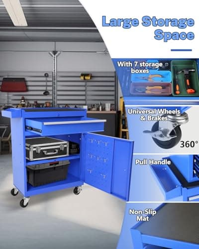 5-Drawer Rolling Tool Chest, 2-in-1 Steel Tool Storage Chest with Locking Wheels & Anti-Slip Trays, Detachable Toolbox, Adjustable Shelves for Garage,Workshop,Home, Blue 6