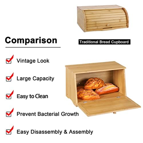 HOMEKOKO Vintage Large Wood Bread Box for Kitchen Counter, Retro Design Single Layer Bamboo Large Capacity Food Storage Bin (Natural Bamboo) 6