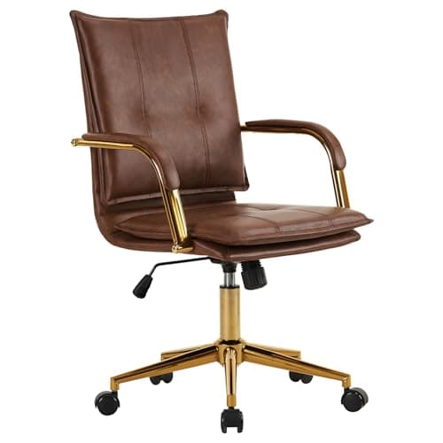 MOJAY Mid-Back Ergonomic Leather Office Desk Chair, Modern Upholstered Computer Chair, Executive Office Chair with Arms, Swivel Adjustable Rolling Chair with Gold Base (Brown) 8