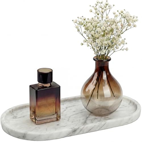 YKAJO 11.6" x 5.9" Oval Real Marble Tray for Bathroom & Kitchen Counter — 100% Natural Stone Decorative Vanity Tray for Dresser & Perfume — Heavy Catchall Organizer for Soap & Jewelry, White Gray