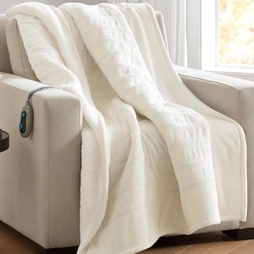 Beautyrest Heated Blanket, Eletric Throw Blanket, Soft, Warm, Reversible Plush - Sherpa Heating Blanket Throw for Office, Couch, 3 Heat Settings, 2 hr Auto Shut Off, Machine Washable, 50 x 60 Ivory