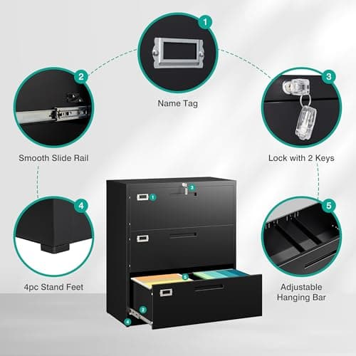 SISESOL 3 Drawer Lateral File Cabinet with Lock,Black Lateral Filing Cabinet,Horizontal Metal Filing Cabinet,Locked Wide Three Drawer File Cabinet for Office Home,Fit A4/F4/Letter/Legal File 5