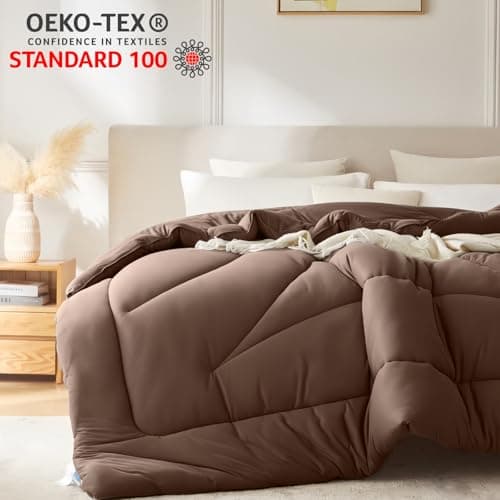 Yuncojin Down Alternative Comforter Queen Size,Soft Fluffy Duvet Insert for All Seasons,Lightweight Winter Bed Quilt,Skin Friendly,Brown,90"x90" 6