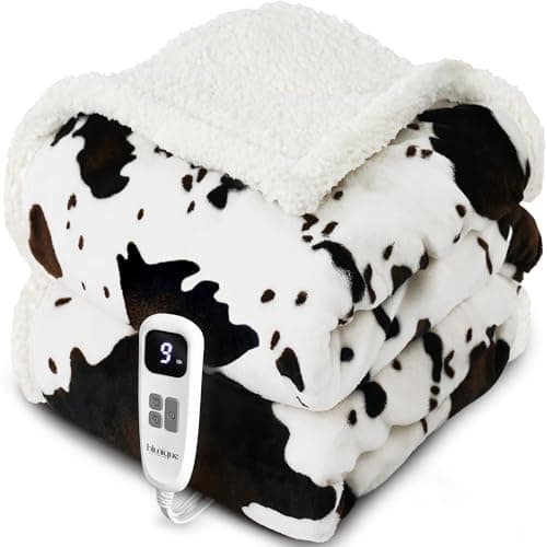 blunique Heated Blanket Throw Blanket - Fast Heating Electric Blanket, Soft Flannel Heated Throw with 4 Time Settings, 10 Heating Settings, Warm Gifts for Women & Mom & Grandma(50"x60"Cow Print White)