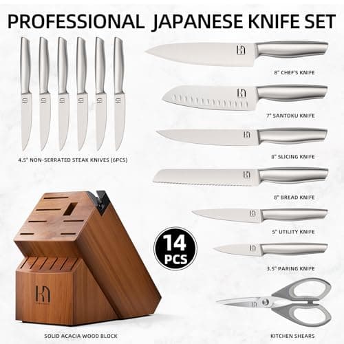 KnifeSaga Kitchen Knife Set 14 Piece Premium Japanese High Carbon Stainless Steel Knife Block Sets with Built-in Sharpener, Razor Sharp Knives Set for Kitchen, Quality Acacia Wood Block Knife Set 6