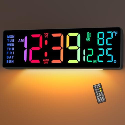 Soobest 14.2" Large Display Digital Wall Clock with Date Day of Week Temp Timer, Electric 8-in-1 Color Changing Big LED Clock for Elderly Seniors, Auto DST, Remote Control for Living Room Home Gym