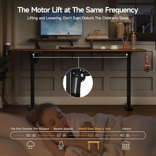 ONBRILL Standing Desk with 2 Adjustable Monitor Shelves, 63 x 24 Inches Electric Stand Up Desk with Memory Controller and Adjustable Height from 28-46 inches for Computer Workstations, Walnut 5