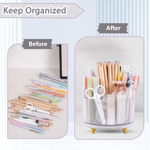 SKYDUE Rotating Pencil Pen Holder, Pen Organizer with 5 Slots - Aesthetic Desk Organizer and Accessories for School, Home, Office Supplies, Clear 5