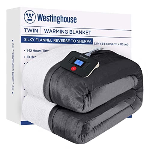 Westinghouse Electric Blanket Twin, Heated Blanket Twin Size with 10 Heating Levels and 1 to 12 Hours Heating Time Settings, Flannel to Sherpa Reversible, Machine Washable (62" x 84", Charcoal)