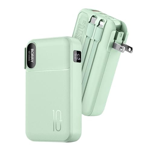 RORRY Portable Charger Built in Cables, AC Wall Plug In Portable Charger Power Bank 10000mAh Travel Battery Pack 22.5W Fast Charging for iPhone 17/16/15 Samsung Galaxy S24/S23/S22 Pixel LG iPad, Green