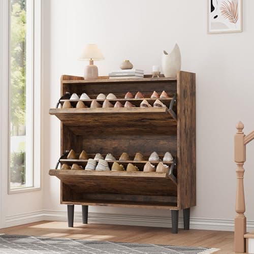 GarveeHome Shoe Cabinet with 2 Flip Drawers, Wooden Shoe Organizer with Adjustable Shelf, Shoe Storage for Entryway, Hidden Shoe Cabinet for Hallway, Living Room, Rustic Brown