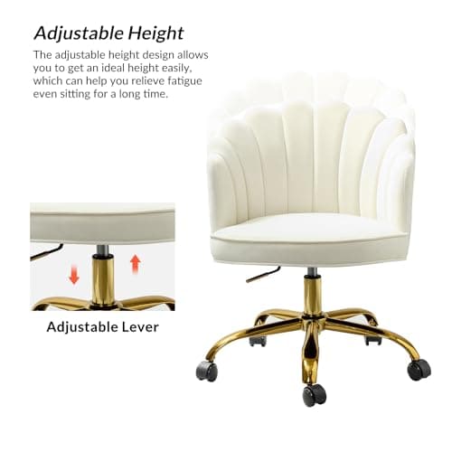HULALA HOME Velvet Home Office Desk Chair with Gold Base, Adjustable Swivel Task Chair for Vanity, Women's Modern Cute Shell Back Upholstered Design, for Living Room, Ivory 5