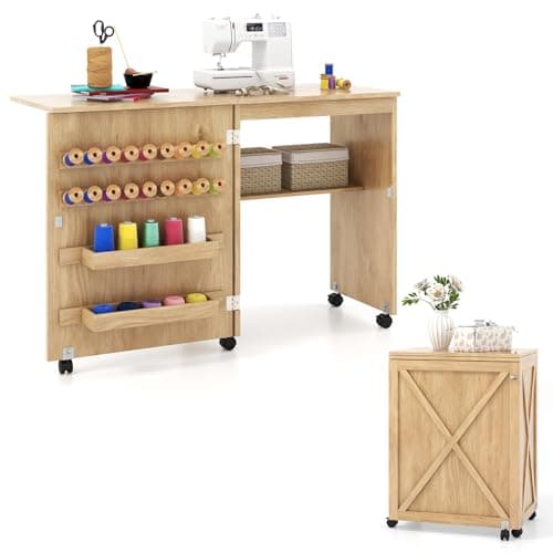 Giantex Folding Sewing Table - Farmhouse Sewing Machine Cabinet with Barn Door, 18 Pegs, 2 Storage Trays, Craft Station Side Desk Cart on Lockable Wheels (Light Brown, 46''L x 16''W x 30''H)