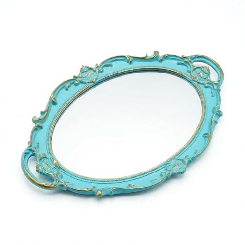 Schonee Oval Vintage Decorative Mirror Tray, Jewelry Dresser Organizer Tray, Cosmetics Makeup Storage Organizer, Serving Tray (9.8”x 14.6”) Blue