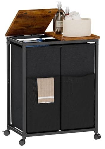 Furnulem Double Laundry Hamper with Wheels, 2x45L Laundry Basket Organizer with Flip Top Lid, Iron-Made Bathroom Laundry Hamper, Laundry Sorter for Bedroom Living Room, Brown