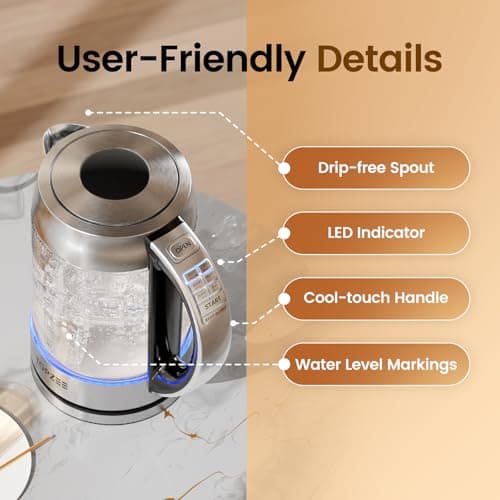TOPZEE 1.7L Glass Electric Kettle for Coffee & Tea, Hot Water Boiler with 6 Preset Temperatures, Keep Warm and Memory Function, Auto Shut-off & Dry Boil Protection, BPA Free, Rapid Boil, 1500W, Silver 7