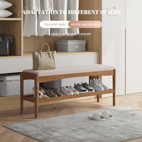 STDDRE Shoe Bench Entryway Bamboo 2-Tier Shoe Rack with Cushion Padded Seat Shoe Bench Organizer Stable for Entry, Hallway, Living Room, Bedroom, Closet (39.4 * 11.4 * 16.5IN, Brown-Beige) 7