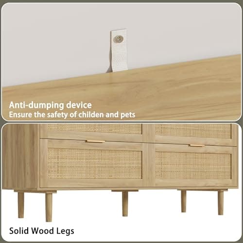 Furniouse Rattan Dresser for Bedroom, 6 Drawers Wood Small Dresser for Closet with Solid Legs and Natural Rattan, Boho Beside Table for Living Room, Natural 7