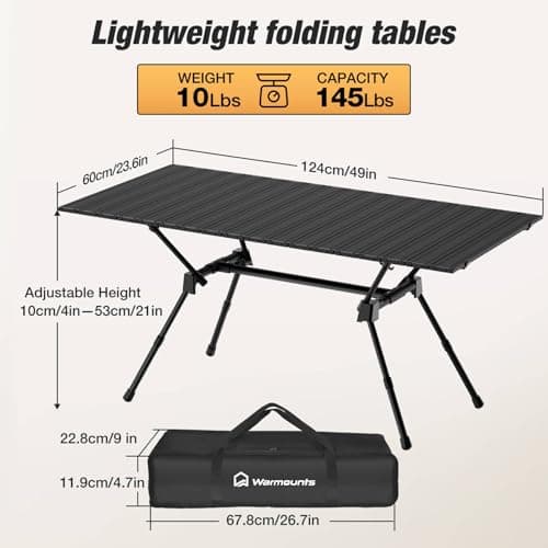 WARMOUNTS Folding Camping Table Adjustable Heights, 49″ Wide Tabletop Portable Camping Table, Aluminum Roll-up Camping Table w/Carrying Bag for Picnic, Grill, Fishing, Beach, Suitable for 4-6 People 7