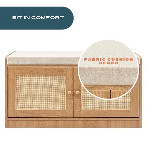 Wooden Shoe Storage Bench Organizer with Cushioned Seat & Adjustable Shelves for Entryway, Hallway, Living Room, or Bedroom, Rattan 5