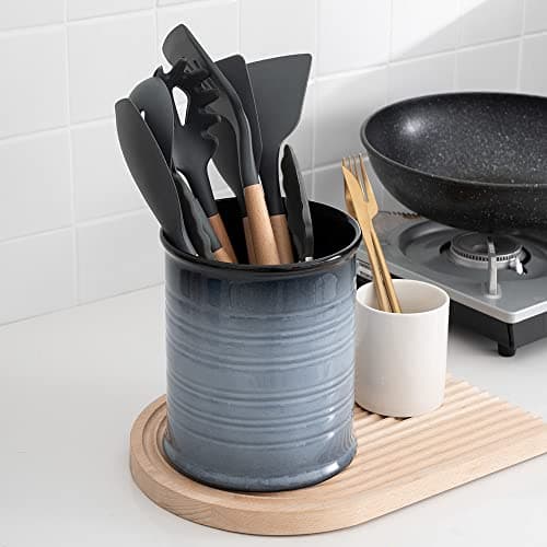 Nihow Kitchen Utensil Holder: 7.2 Inch Extra Large Ceramic Utensil Holder for Countertop - Stable Utensil Crock for Kitchen Counter Decor - Elegant Gray (1PC) 6