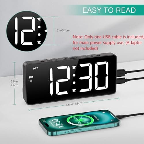 ORIA Digital Alarm Clock, LED Bedroom Clock with Bluetooth Sync Time, Auto Sync Time Alarm Clock, Adjustable Volume Brightness, Snooze, Rechargeable Large Display for Home Living Room 6