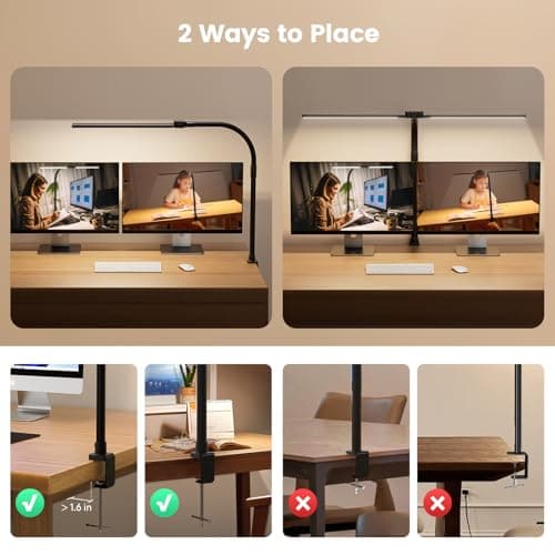 SIBRILLE LED Desk Lamp for Home Office - Dimmable Computer Desk Light with Clamp, Modern Architect Task Lamp with Color Changing, Flexible Desktop Lamp with Gooseneck for Monitor, Double Head, Black 7
