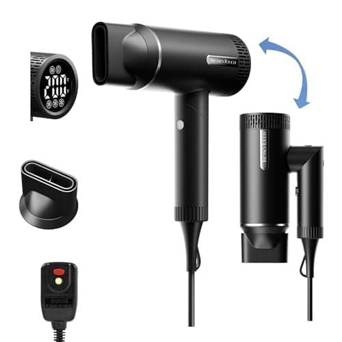 Foldable Hair Dryer with Concentrator, High-Speed Ionic Low Noise Blow Dryer with Brushless Motor for Fast Drying, 3 Temps/3 Speeds, Professional Lightweight Portable Hair Dryer for Home Travel, Black