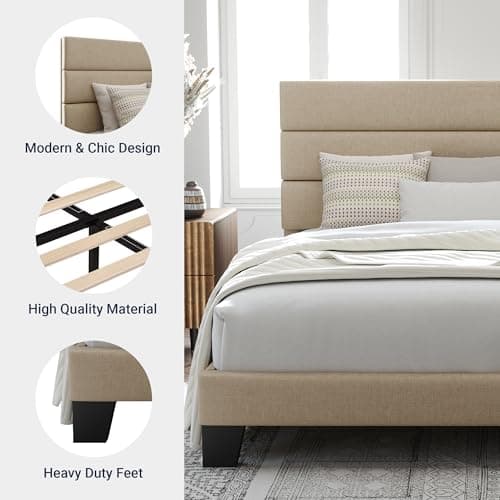Allewie King Size Platform Bed Frame with Fabric Upholstered Headboard and Wooden Slats Support, Fully Upholstered Mattress Foundation/No Box Spring Needed/Easy Assembly, Beige 6