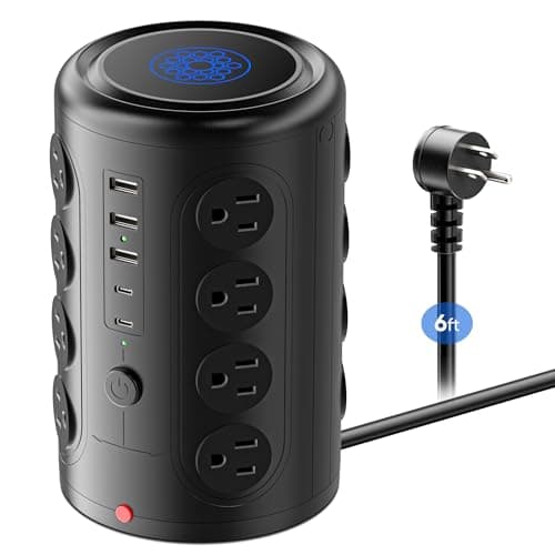Heavy Duty Power Strip Tower with 16 Outlets and 5 USB Ports (2 USB-C), TenTrend 1500J Surge Protector with Multiple Outlets, 6 FT Extention Cord for Home Office Desk, Dorm Room Essentials Black