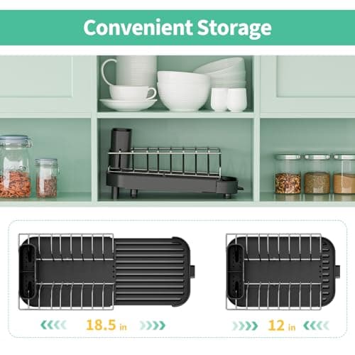 Small Dish Drying Rack - Expandable Compact Dish Drainer (12"-18.5") , Narrow Dish Rack for Kitchen Counter with Cutlery Holder, Space Saving Plate Rack, Dishes Holder Tray for Sink Countertop, Black 5