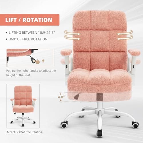 SEATZONE Pink Office Chair Ergonomic Computer Desk Chair with Wheels,Faux Fur Comfy Office Chair for Women and Girls,Teddy Fleece Material 8