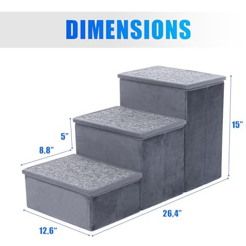 EASIFY Grey Pet Stairs for Small & Medium Dogs - Velour 3-Step for Bed & Couch 5