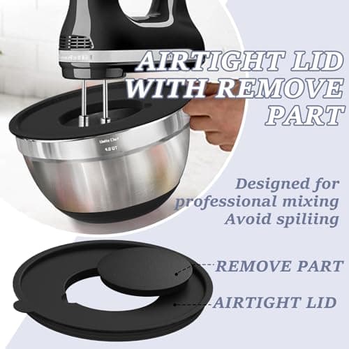 Umite Chef Mixing Bowls with Airtight Lids, 8PCS Stainless Steel Nesting Mixing Bowls Set, 3 Grater Attachments & Non-Slip Bottoms, Black Kitchen Bowls, Size 5, 4, 3.5, 2, 1.5QT for Baking & Serving 7