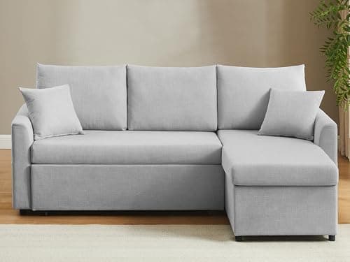 L Shaped Convertible Sleeper Sofa Bed, 84" Sectional Couch for Living Room - Dual USB-C Charging, Pull Out Bed, Reversible Chaise with Storage & Pockets, Removable & Washable Light Grey Linen Covers