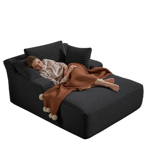 50 Inches Chaise Lounge Indoor, Oversized Chaise Lounge Chair with 3 Throw Pillows and Armrests, Corduroy Upholstered Plush Sofa Bed Lazy Chair Bed Sleeper Chair for Living Room Apartment (Black) 8